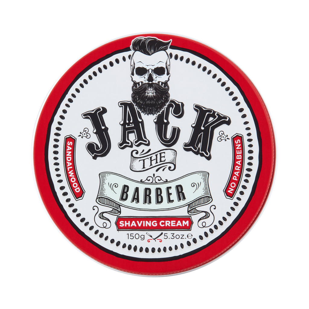 Shaving cream container with 'Jack the Barber' branding on a white background