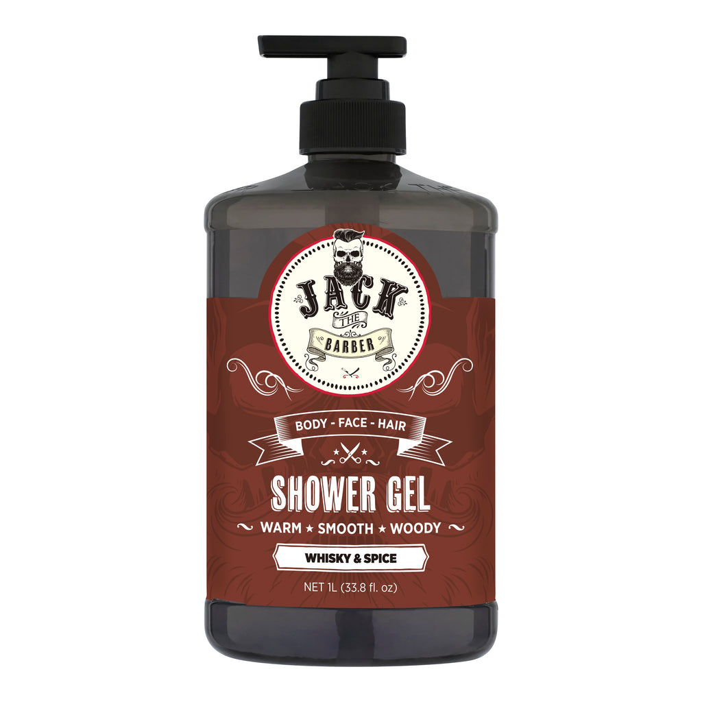 Bottle of Jack Barber shower gel with a red label on a white background