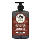 Bottle of Jack Barber shower gel with a red label on a white background