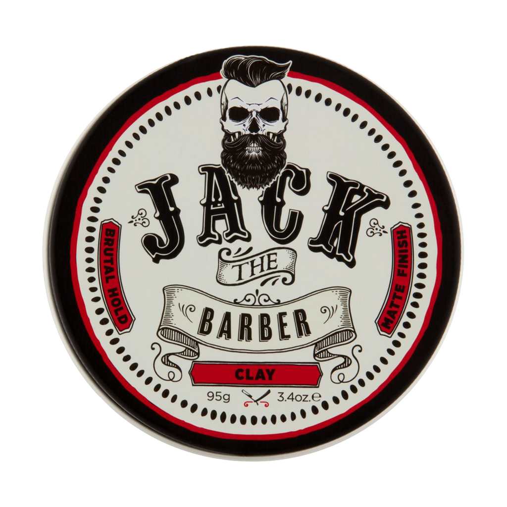 Tin of Jack the Barber Clay with a beard-themed label on a white background