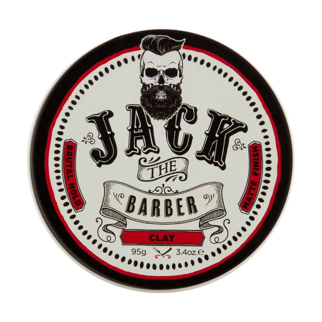 Tin of Jack the Barber Clay with a beard-themed label on a white background