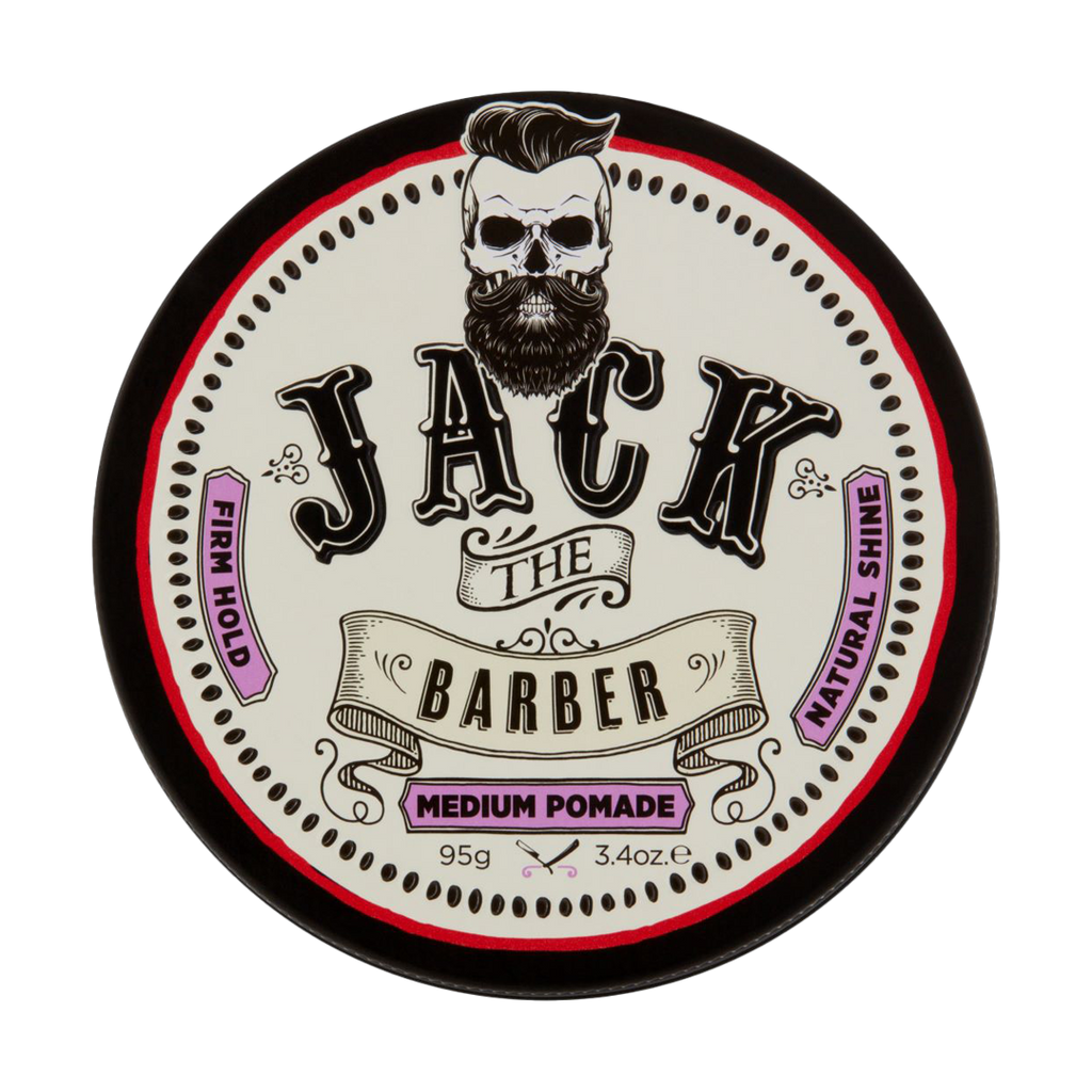 Tin of Jack the Barber medium pomade with branding and product details.