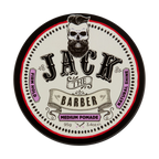 Tin of Jack the Barber medium pomade with branding and product details.