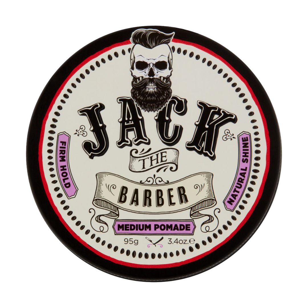 Tin of Jack the Barber medium pomade with branding and product details.