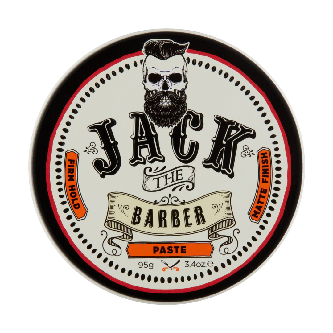 Tin of Jack the Barber paste with skull and beard design on a white background