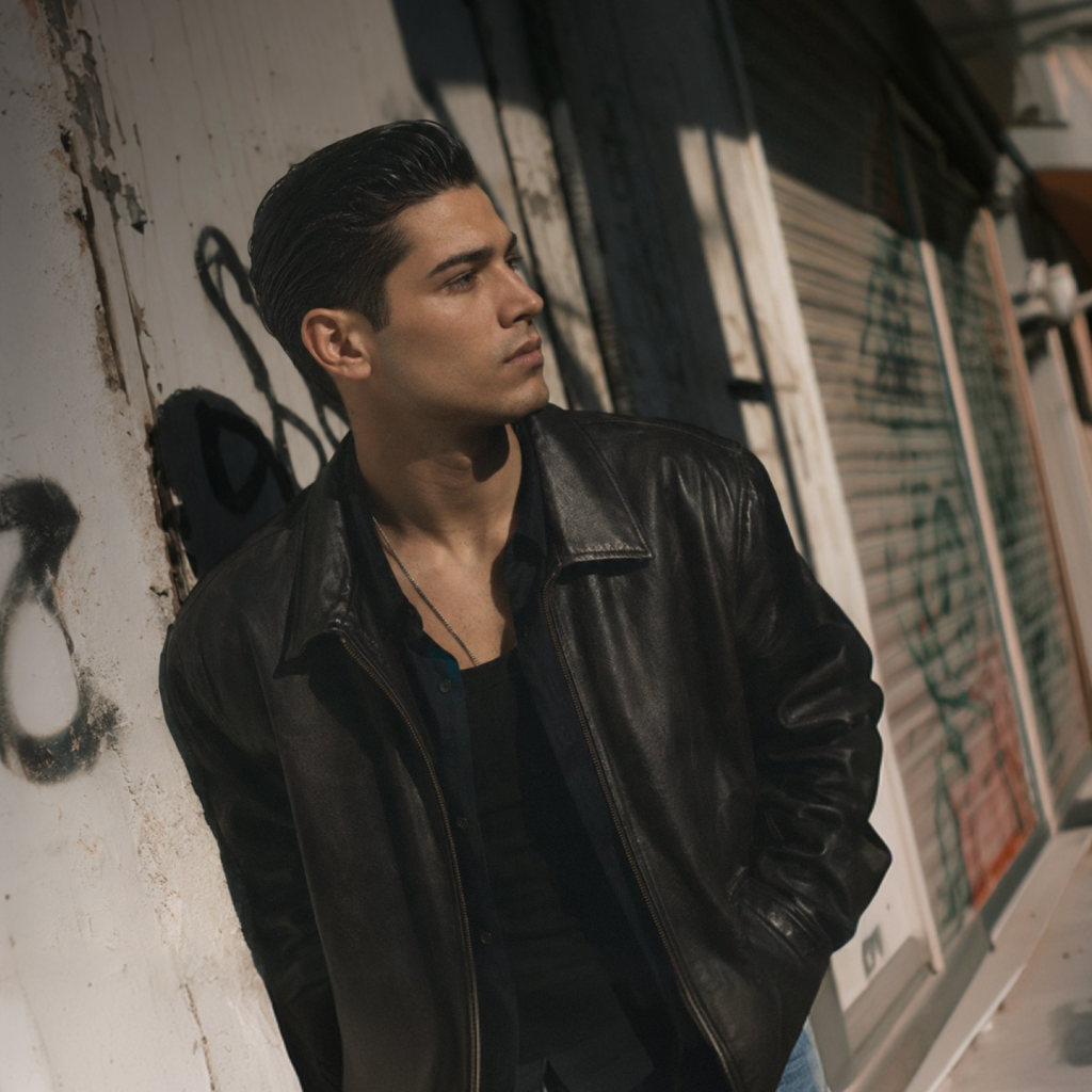 A man with slick back hair wearing a black leather jacket and a black shirt leans against a weathered white wall with graffiti in an urban alley setting.