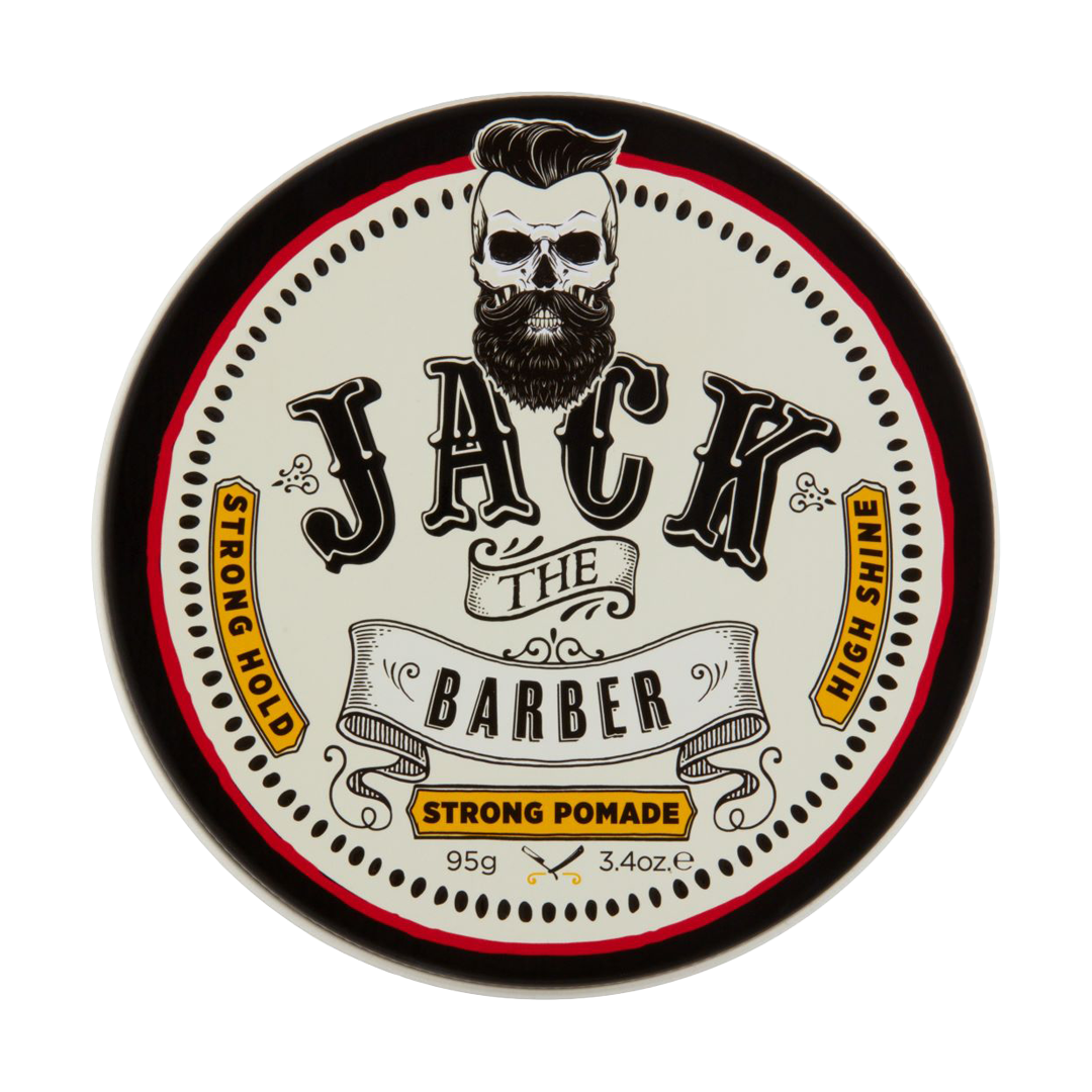 Pomade container with 'Jack the Barber' branding on a white background
