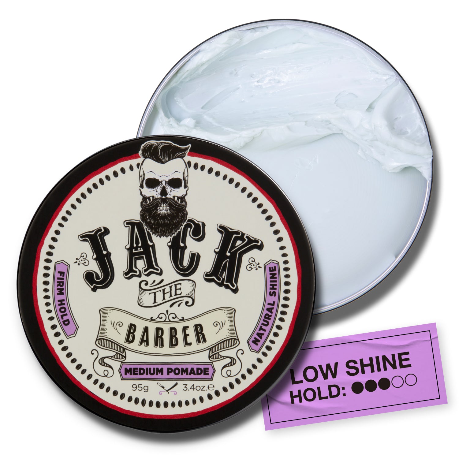 Jack the Barber pomade container with lid open showing white pomade inside.