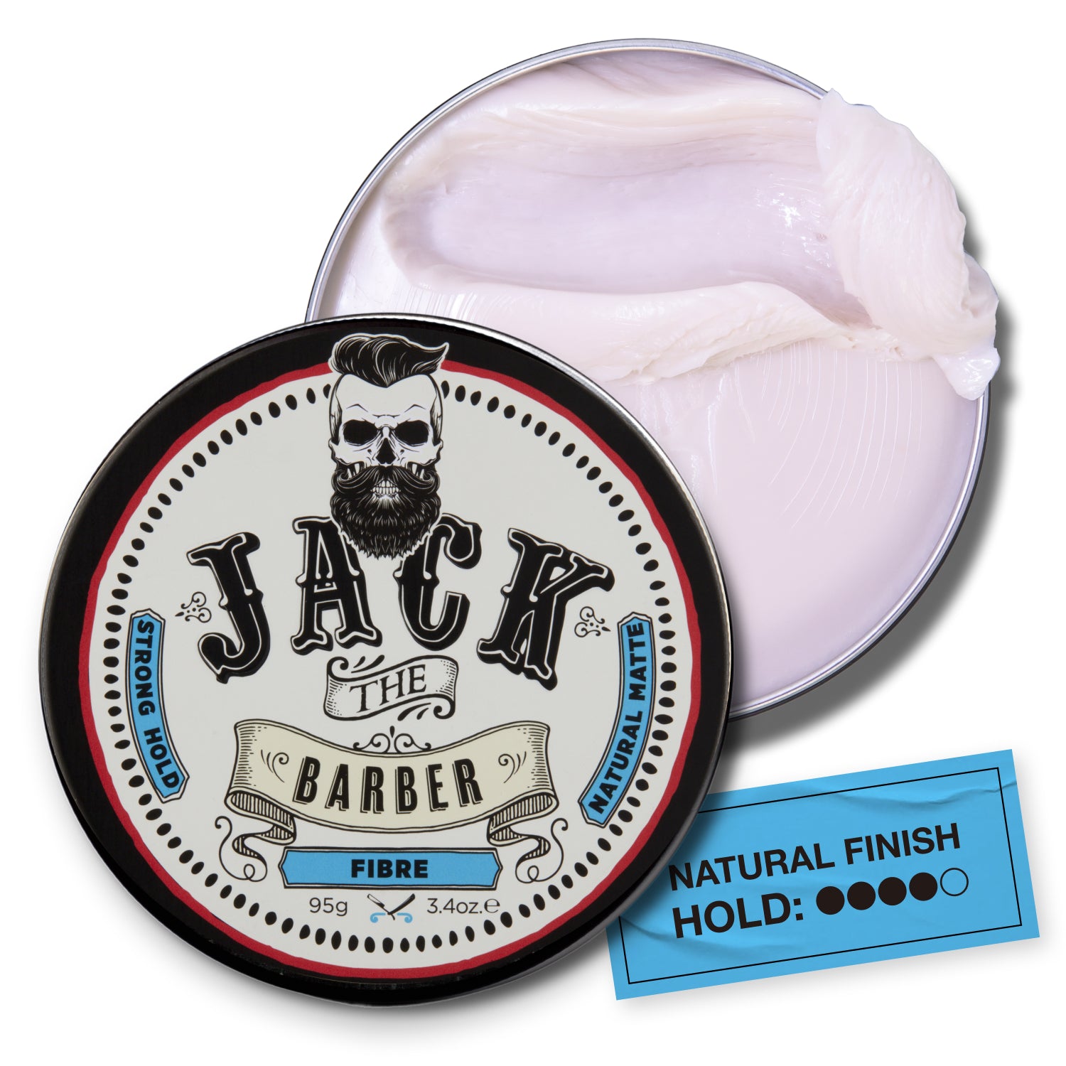 Jack the Barber fibre product with lid open on a white background