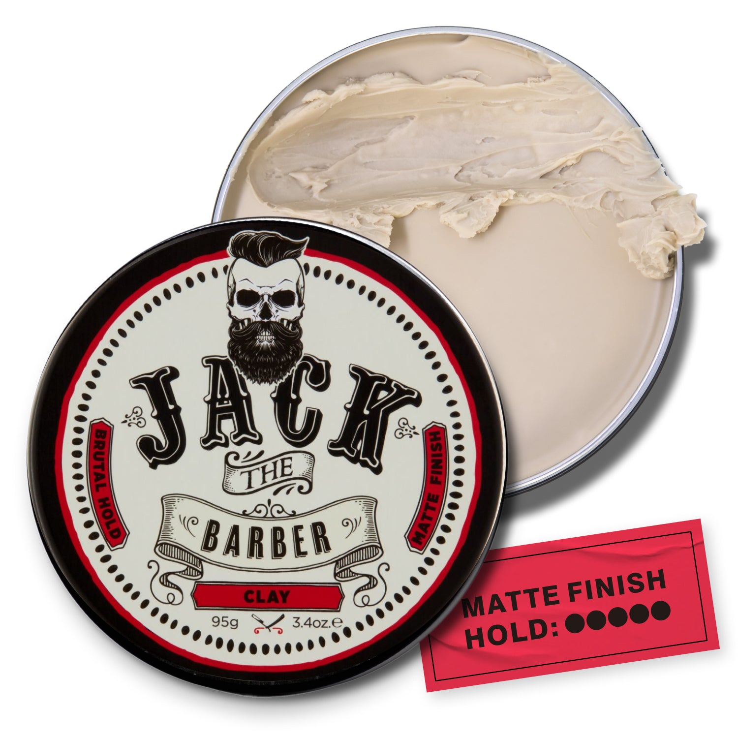 Jack the Barber clay product with open lid showing cream inside on a white background