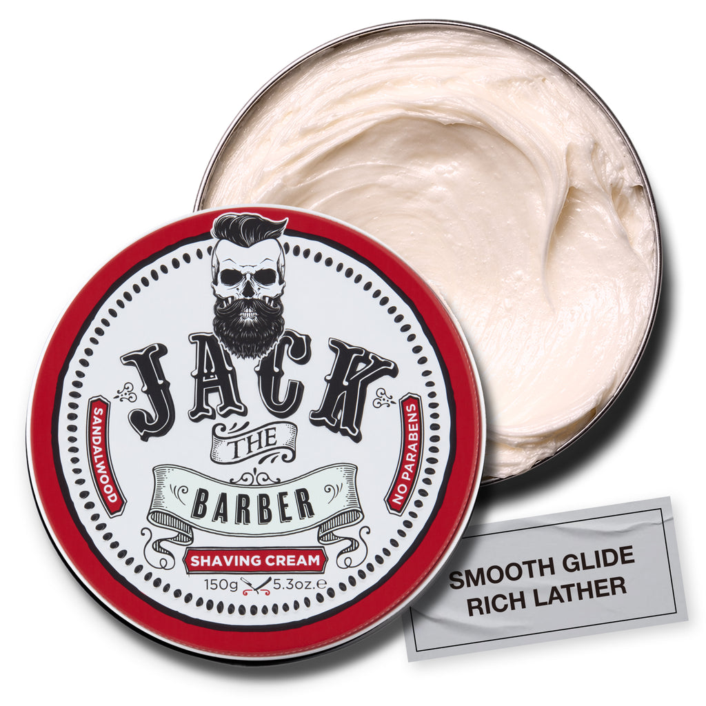 Shaving cream tin labeled 'Jack the Barber' with a white background