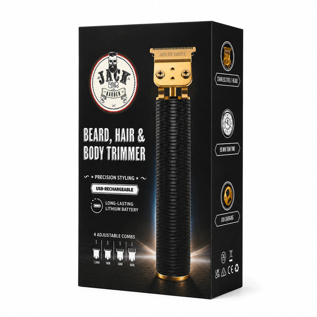 Jack the Barber beard, hair, and body trimmer with gold and black design on a white background