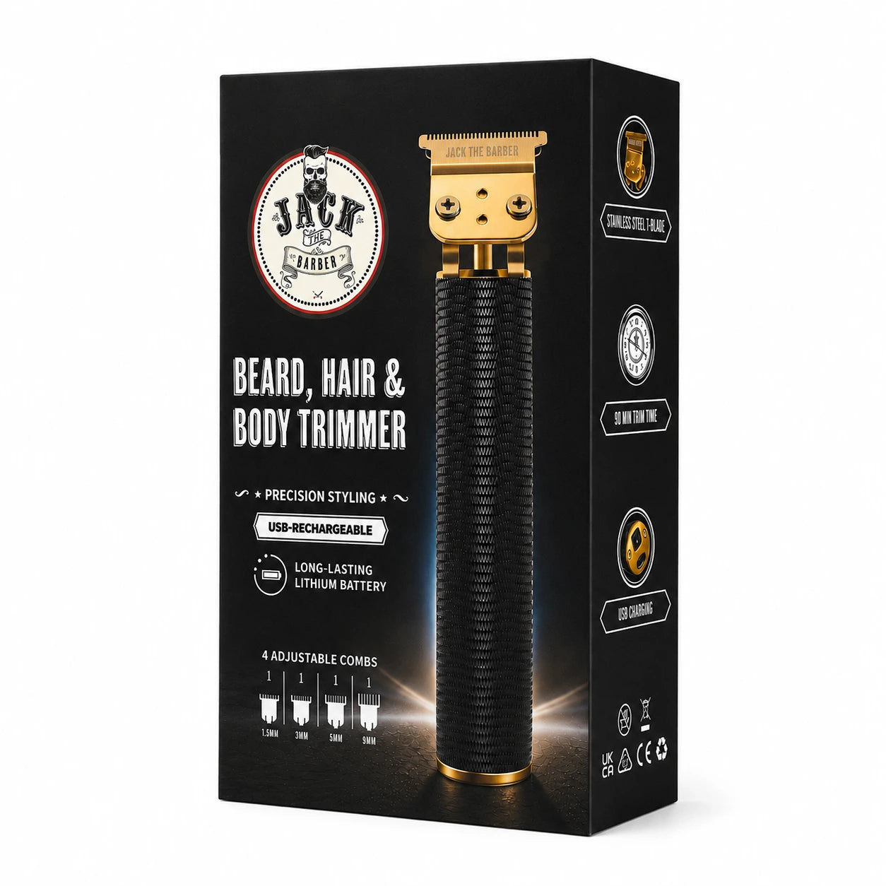 Jack the Barber beard, hair, and body trimmer with gold and black design on a white background