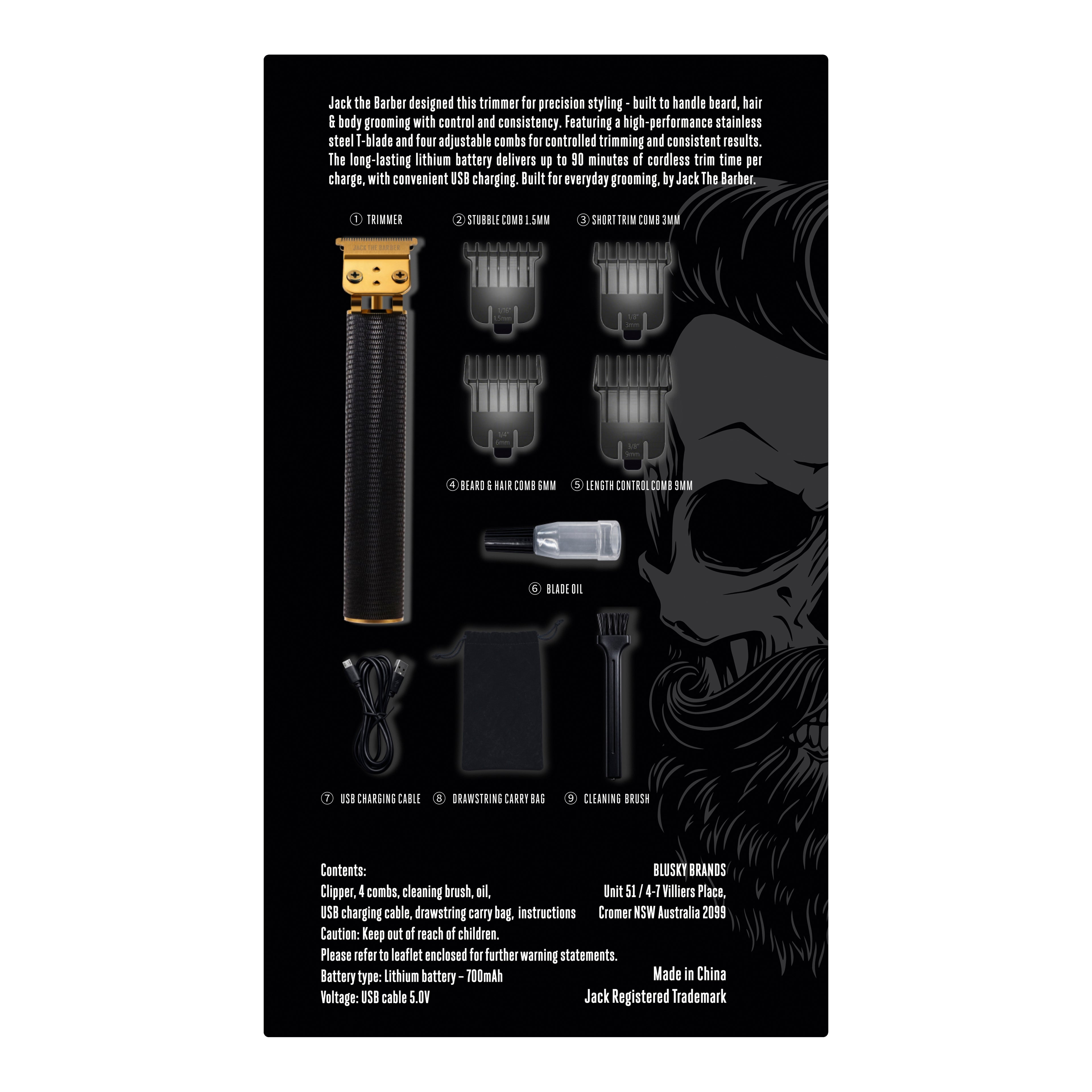 Product packaging with a black and gold clipper, attachments, and branding on a white background.