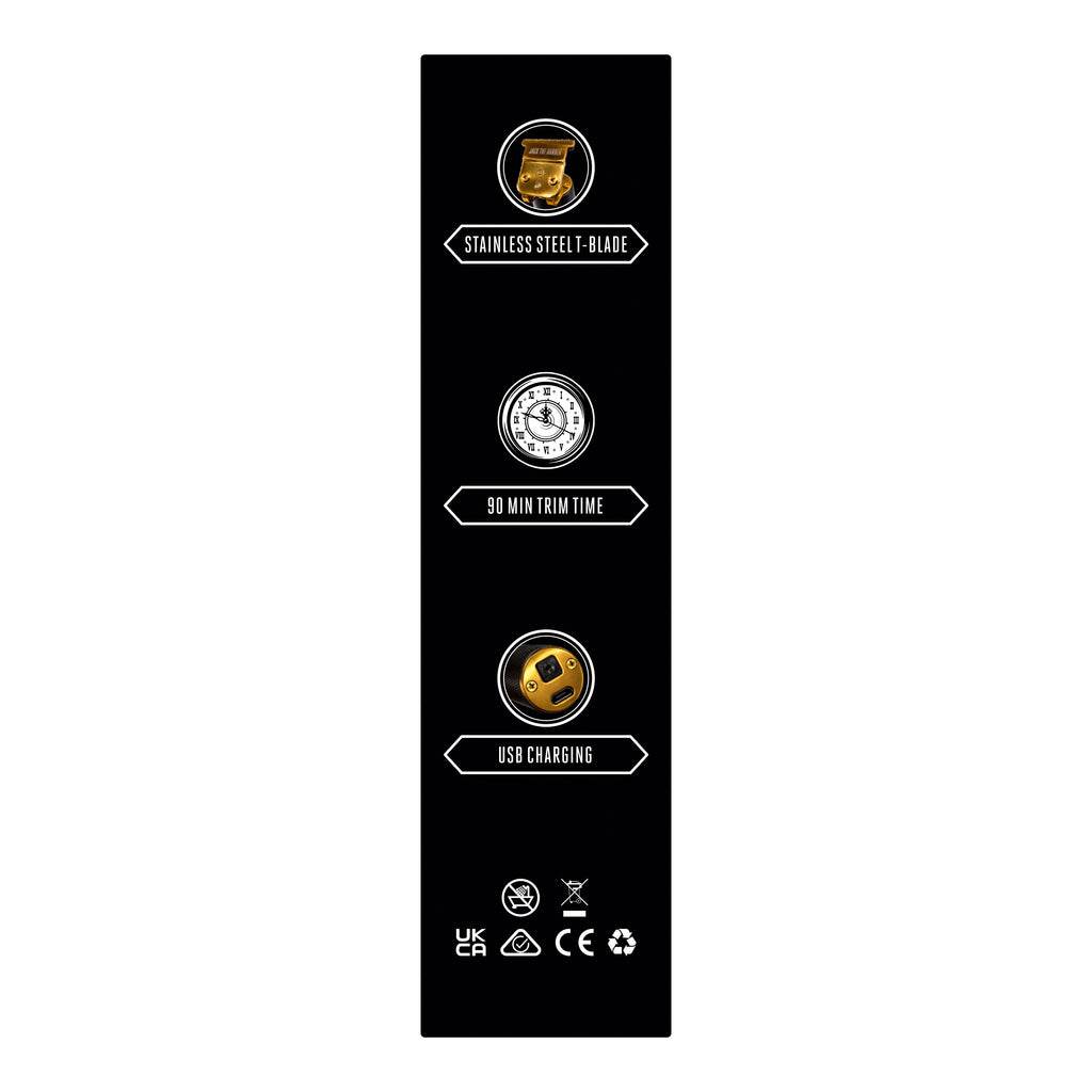Black product packaging with gold accents and text on a white background