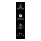 Black product packaging with gold accents and text on a white background