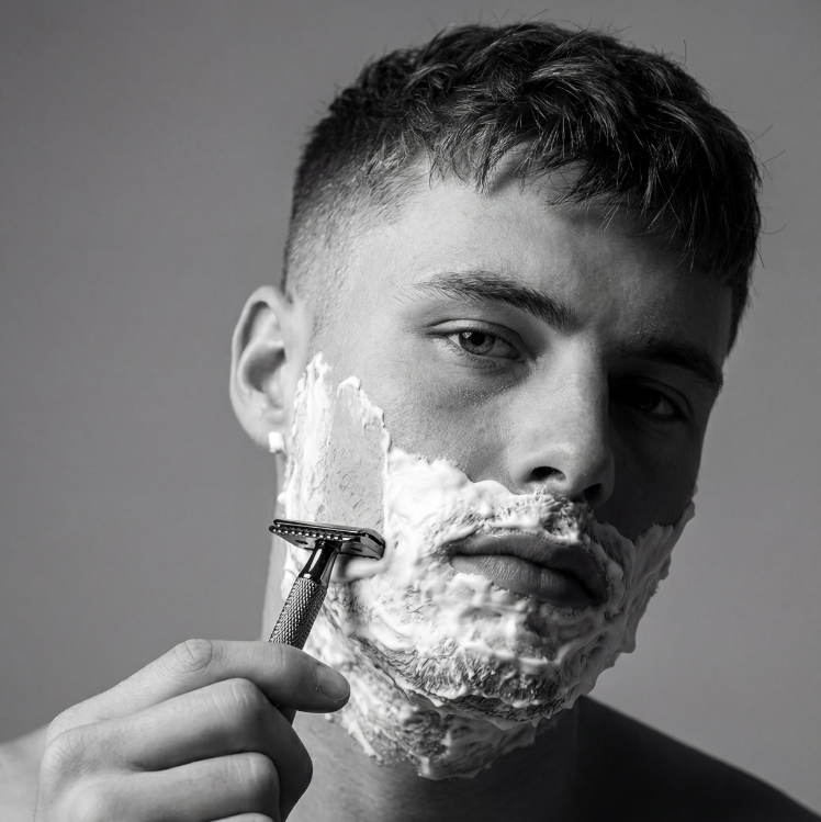 Man shaving his face with Jack The Barber traditional double edge stainless steel razor with new textured handle and sandalwood shaving cream rich lather against a plain background